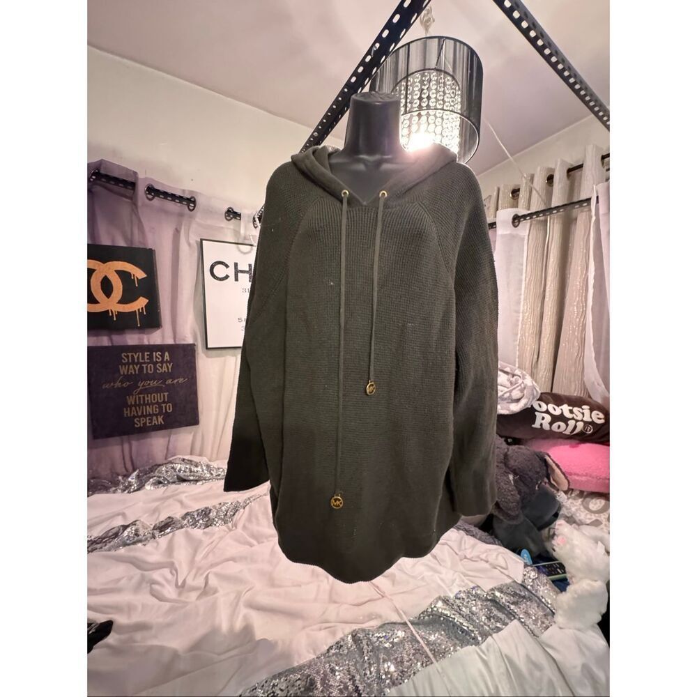 Mk Michael Kors Olive Green Waffle Knit Sweater Hooded Plus 2xl